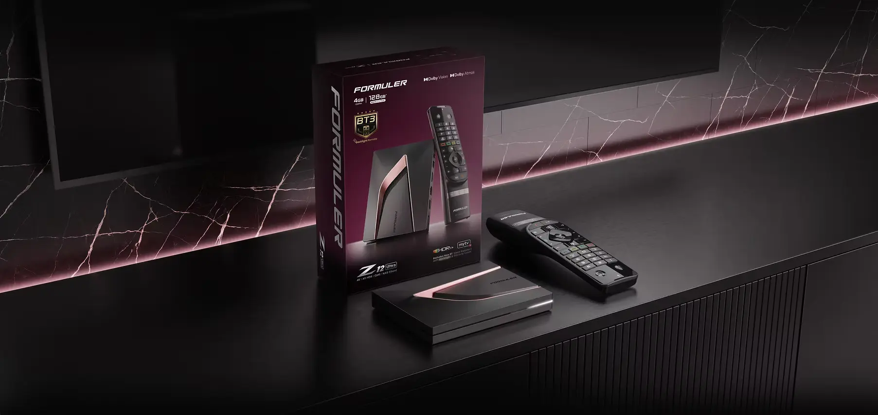 Contenu de la boîte du Formuler Z12 Ultra : récepteur, télécommande, câble HDMI, adaptateur, piles – france-iptv-abonnement.com